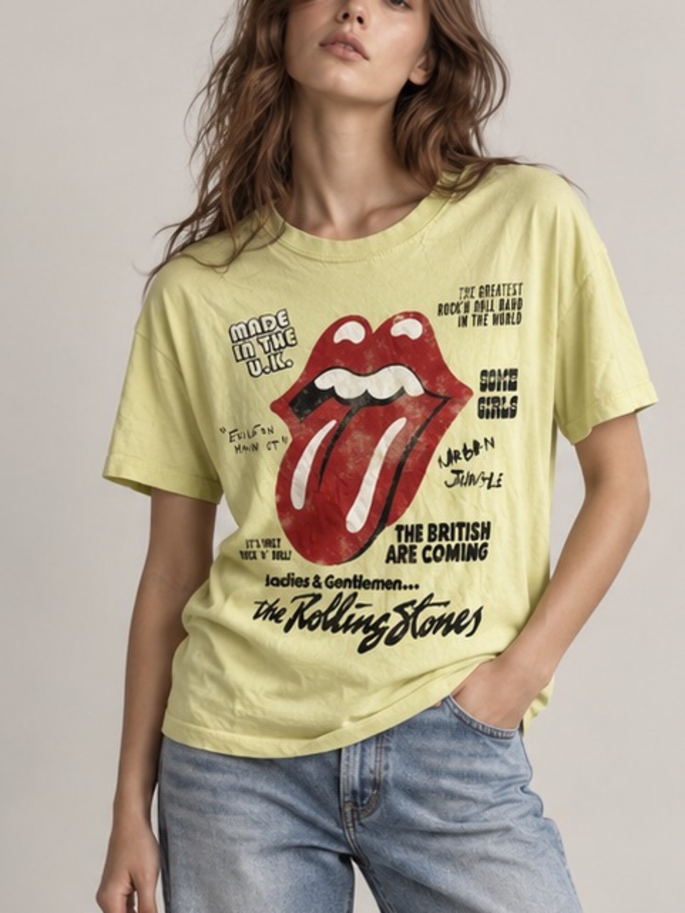 the Rolling Stones Yellow Graphic Tee with Red Tongue Logo | S